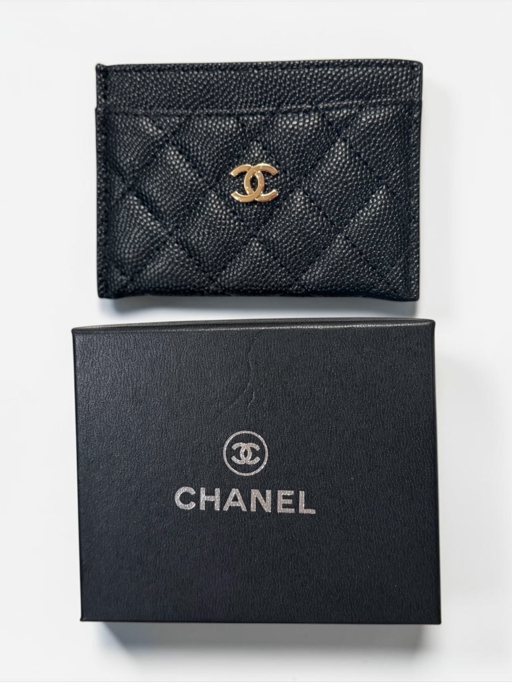 Black Quilted Caviar Card Holder with Gold Logo - NIB